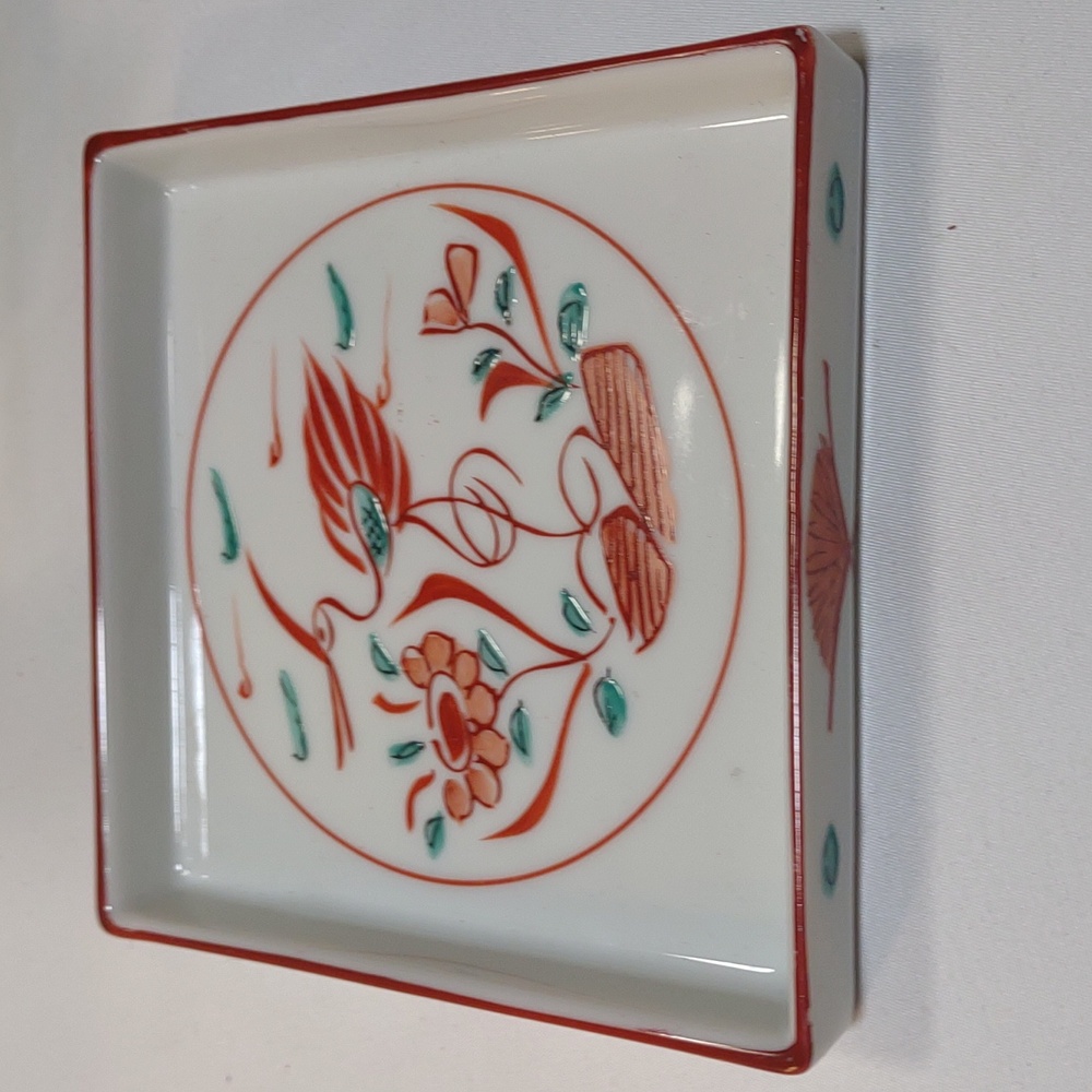 Tiffany & Co Japanese Serving Tray Plate Square Red Crane Flower Porcelain
